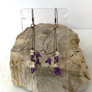 Sterling Silver 925 3.45" Beaded Amethyst & BIwa Pearl Spiral Dangle Earrings